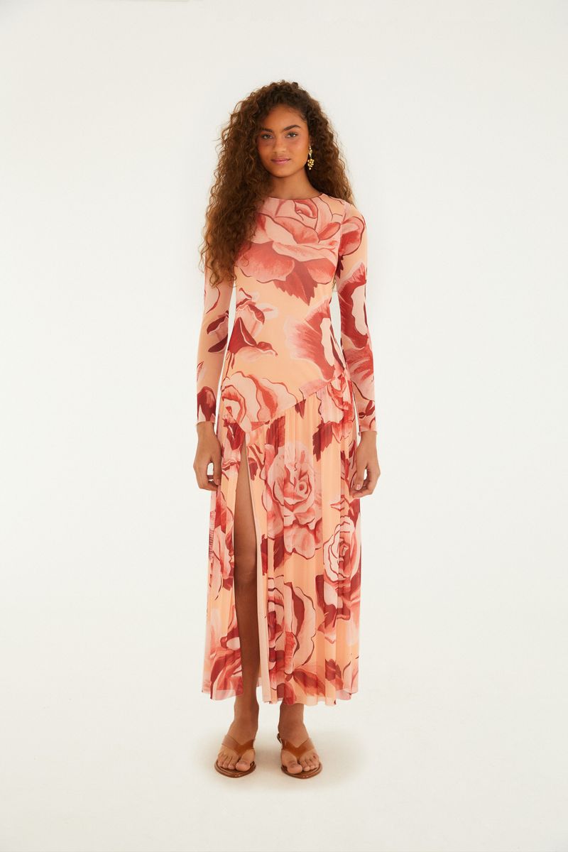 Vestido Sobreposição Tule Estampado Rosas Pintadas