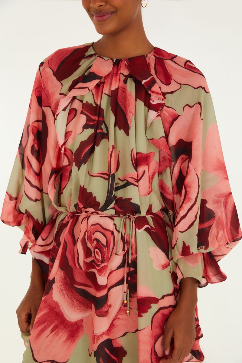 Vestido Curto Estampado Rosas Pintadas