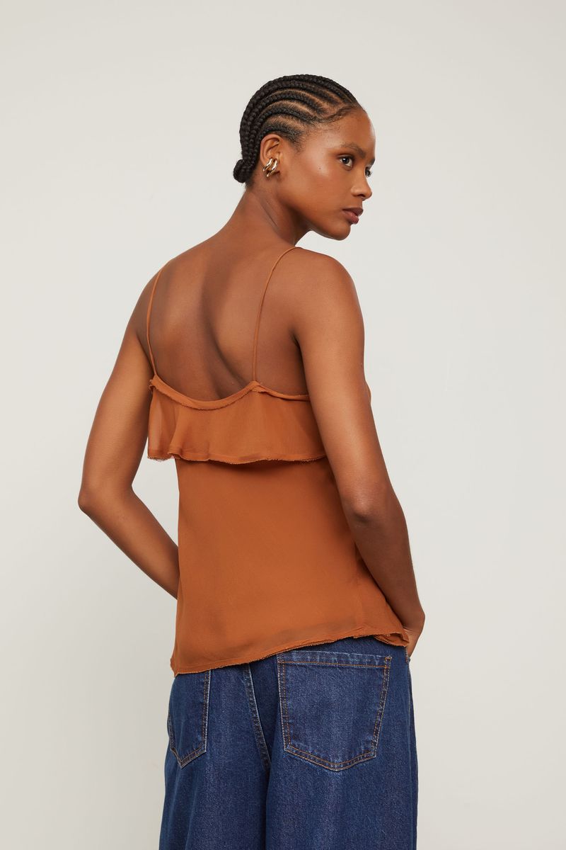 Blusa De Georgette Leve Camadas Marrom De Alça