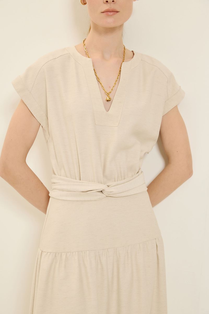 Vestido midi faixa nó bege natural