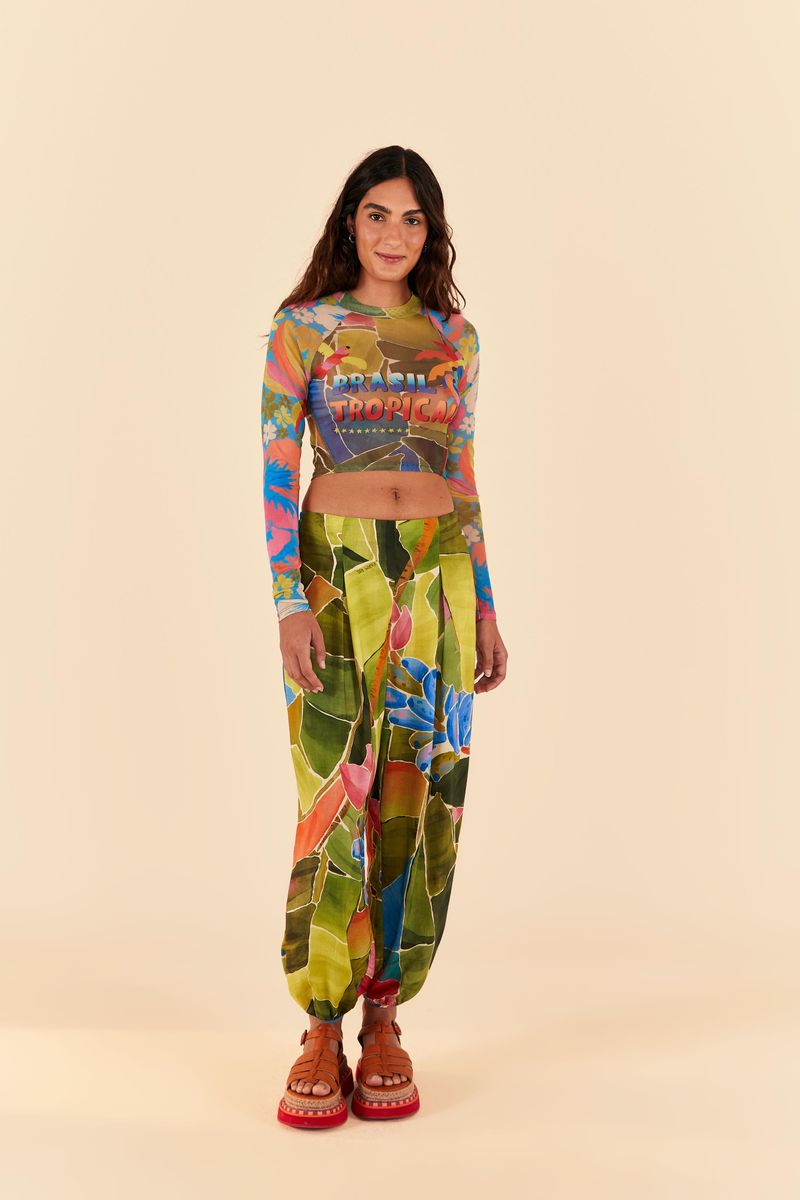 Blusa Cropped Patch Estampada Brasil Tropical