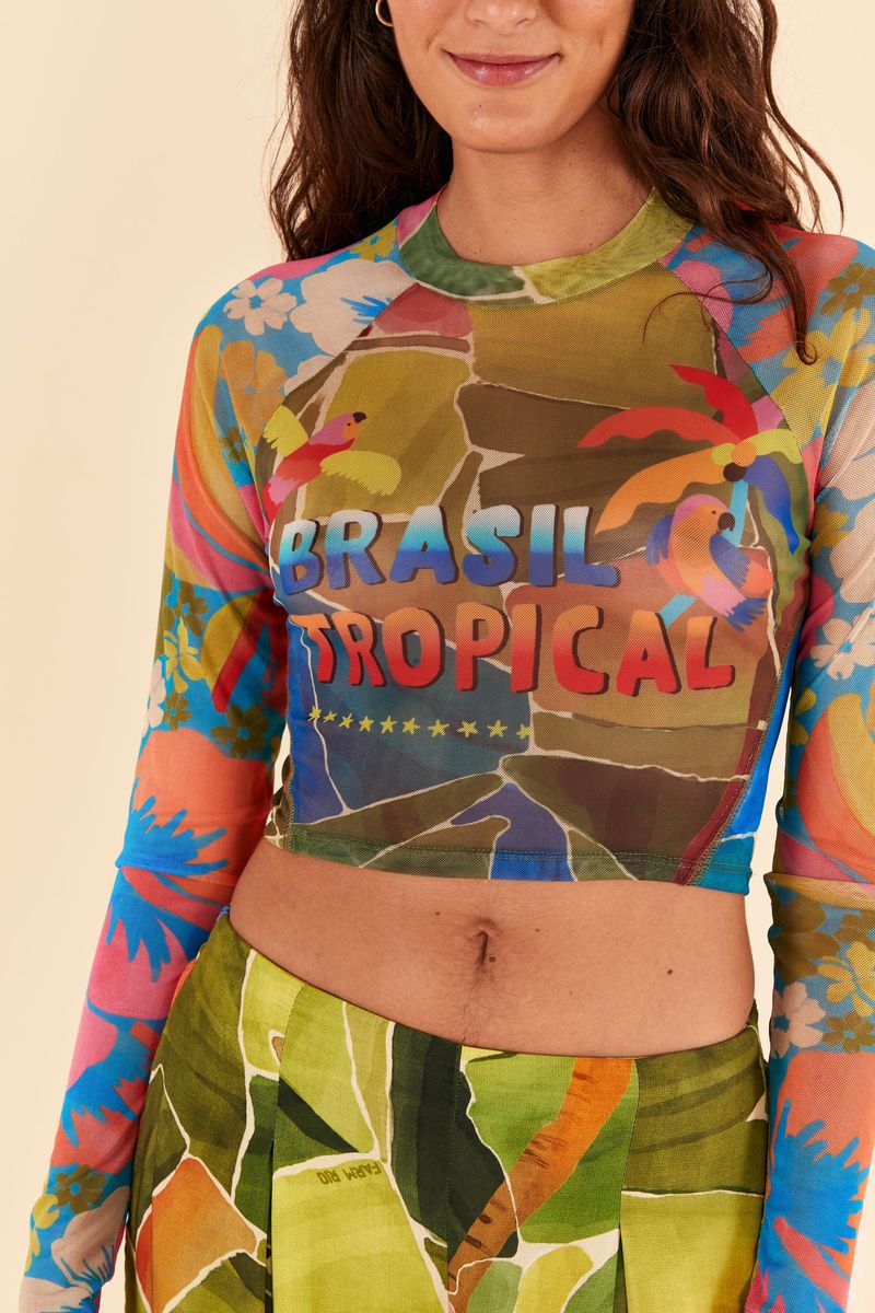 Blusa Cropped Patch Estampada Brasil Tropical