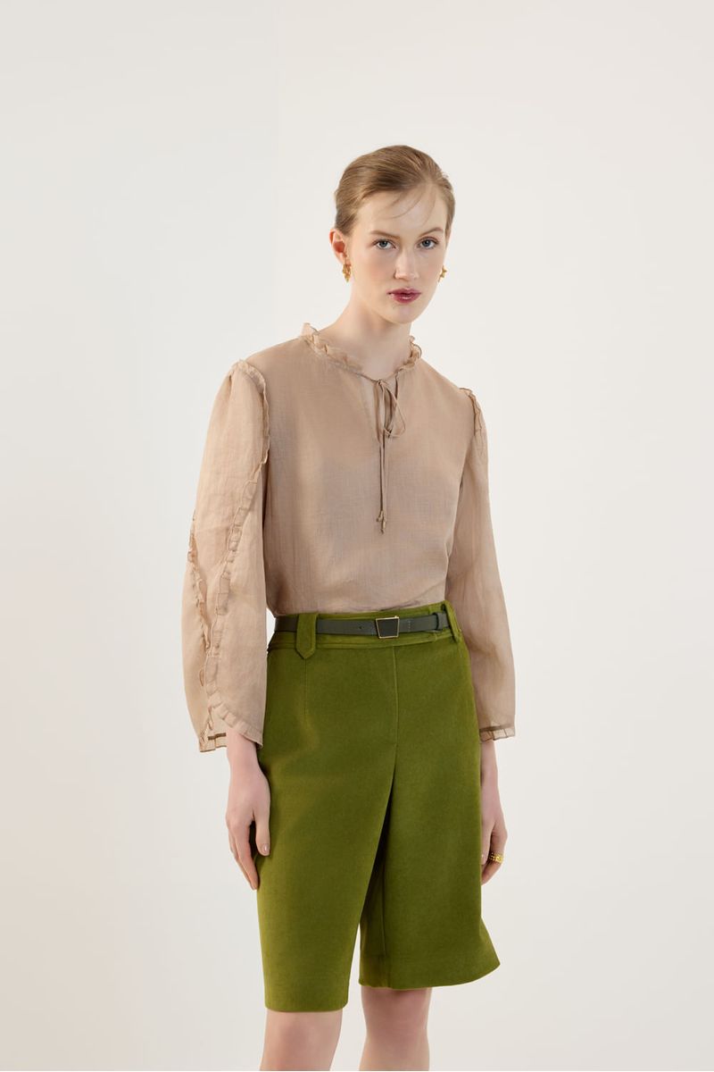 Blusa transparência recorte babados bege taupe