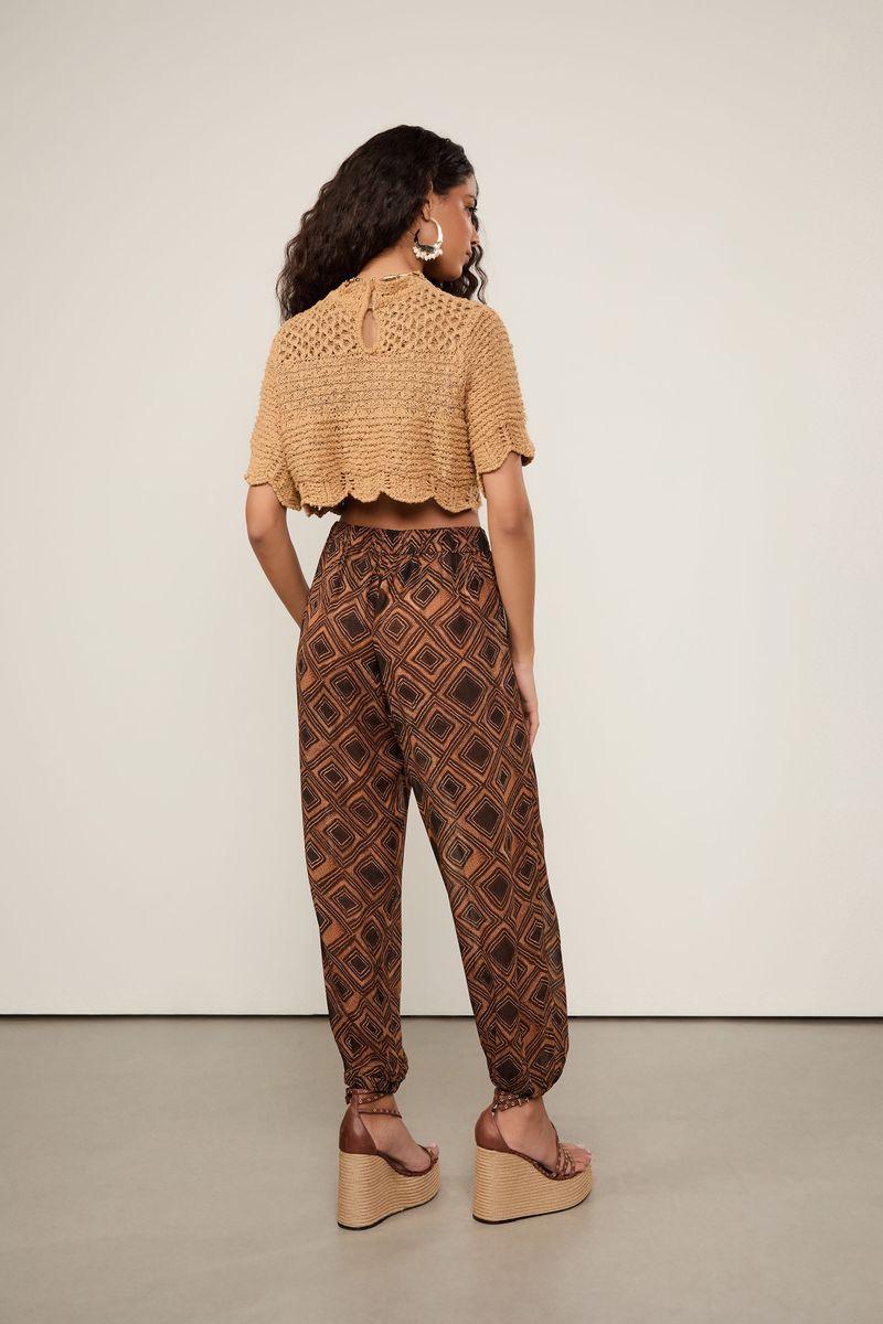 Calça De Georgette Leve Pareô Estampada Cós De Elástico
