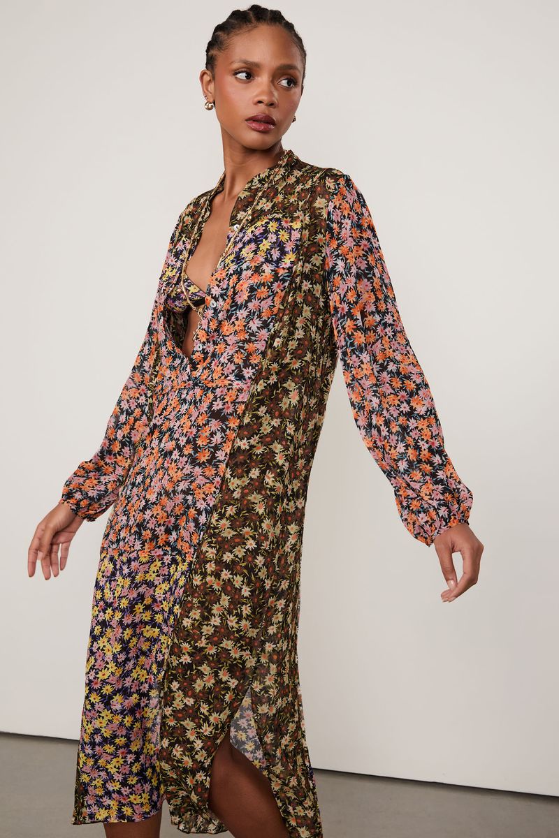 Vestido De Georgette Leve Midi Manga Longa Estampado