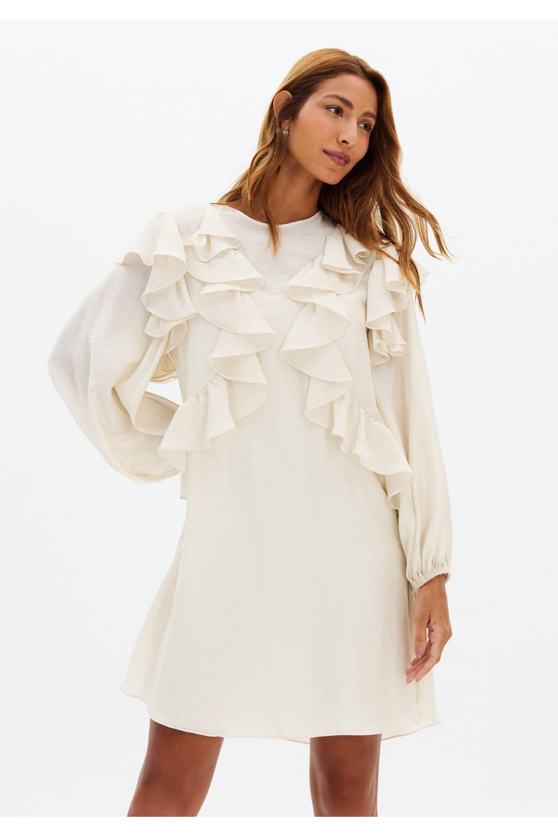 Vestido Curto Manga Longa Com Babados