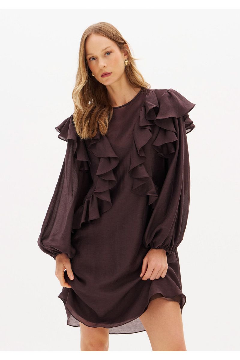 Vestido Curto Manga Longa Com Babados