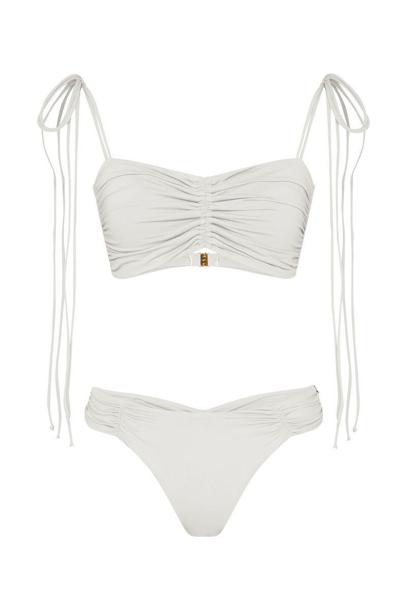 Conjunto Biquíni Top Bandeau Com Lacinhos E Calcinha Midi Com Franzidos Bio Artemis Off White