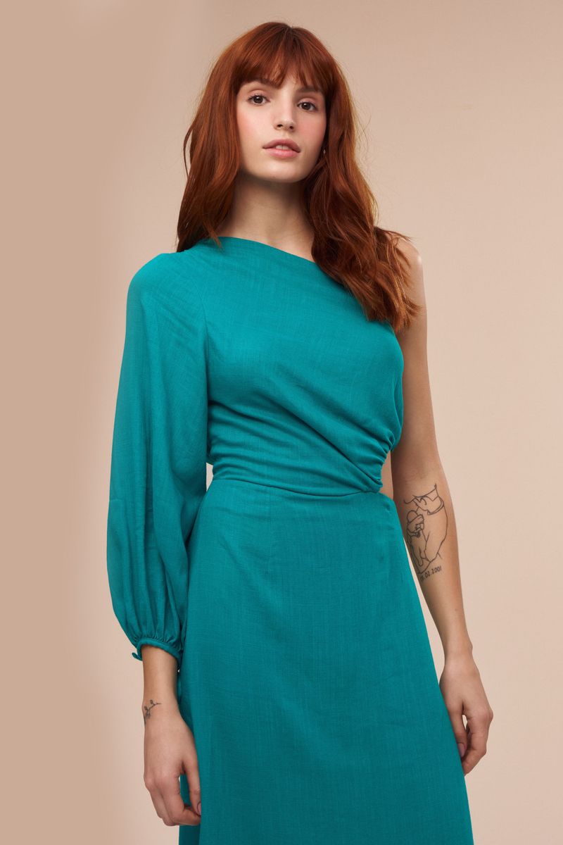 Vestido Um Ombro Só Midi Ostra Verde