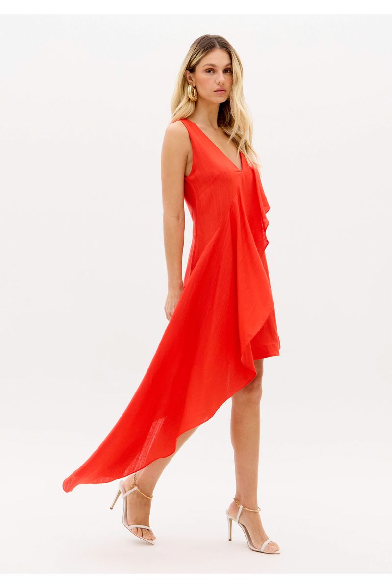 Vestido Curto Assimétrico Com Linho