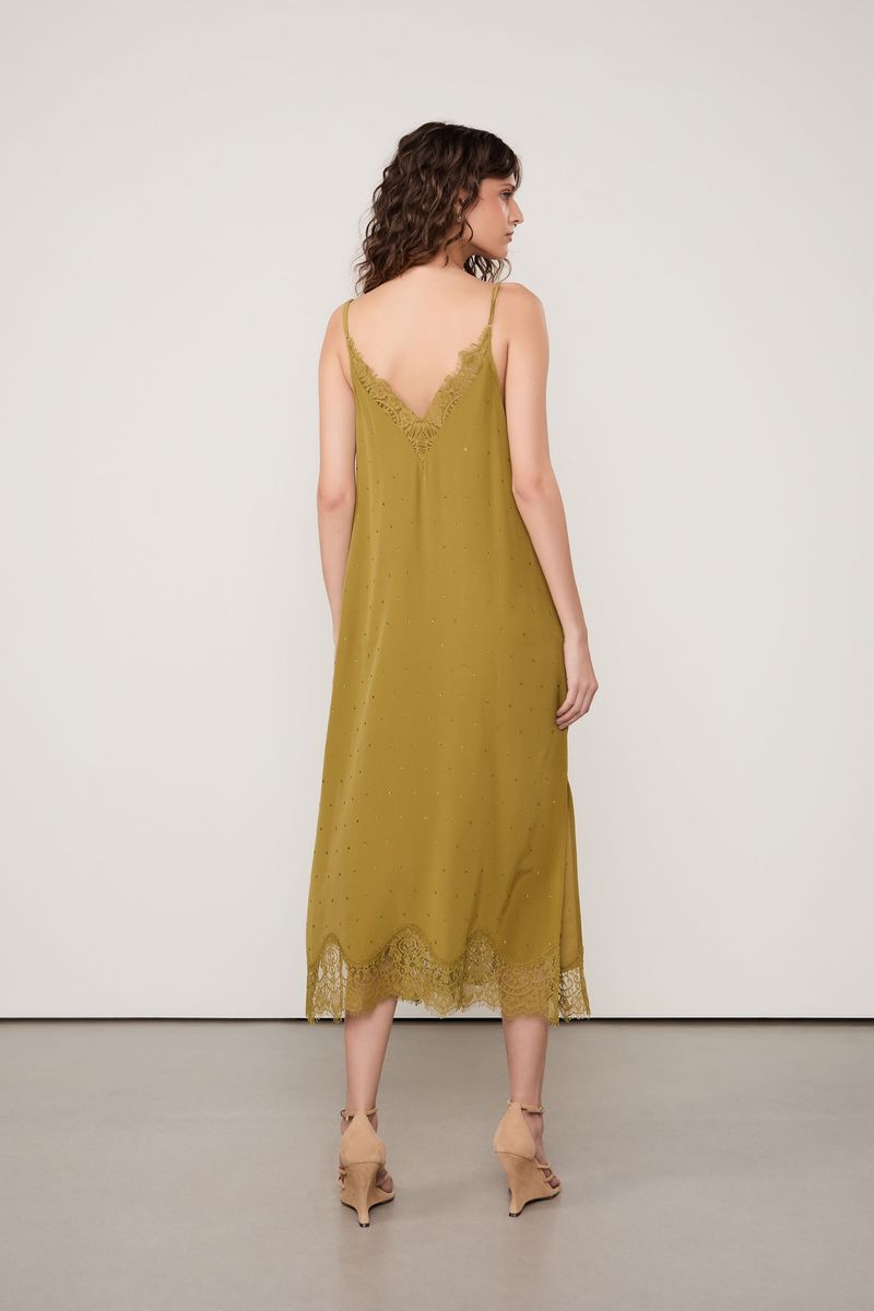 Vestido De Seda Midi Slip Com Strass e Renda Verde Moss