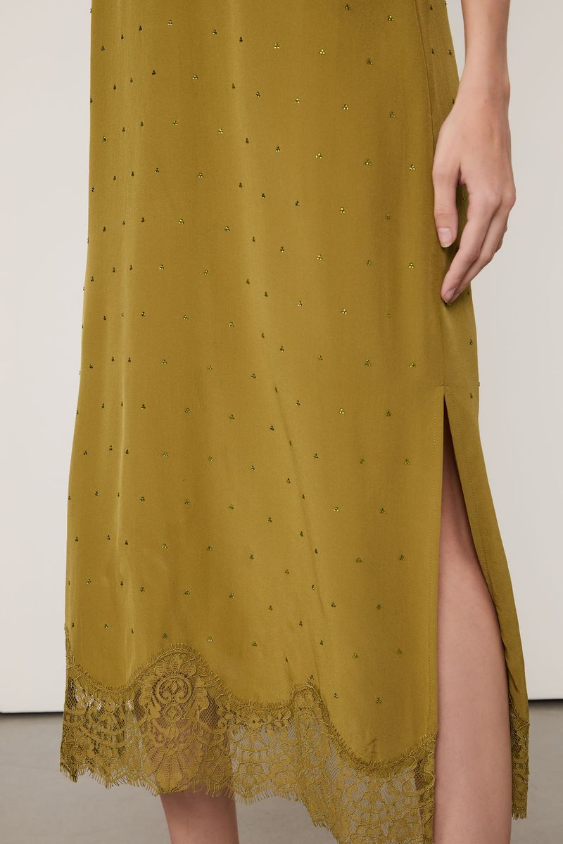 Vestido De Seda Midi Slip Com Strass e Renda Verde Moss