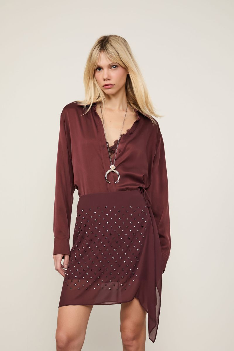 Saia De Georgette Curta Amarração Marrom Boho Com Aplicações De Tacha