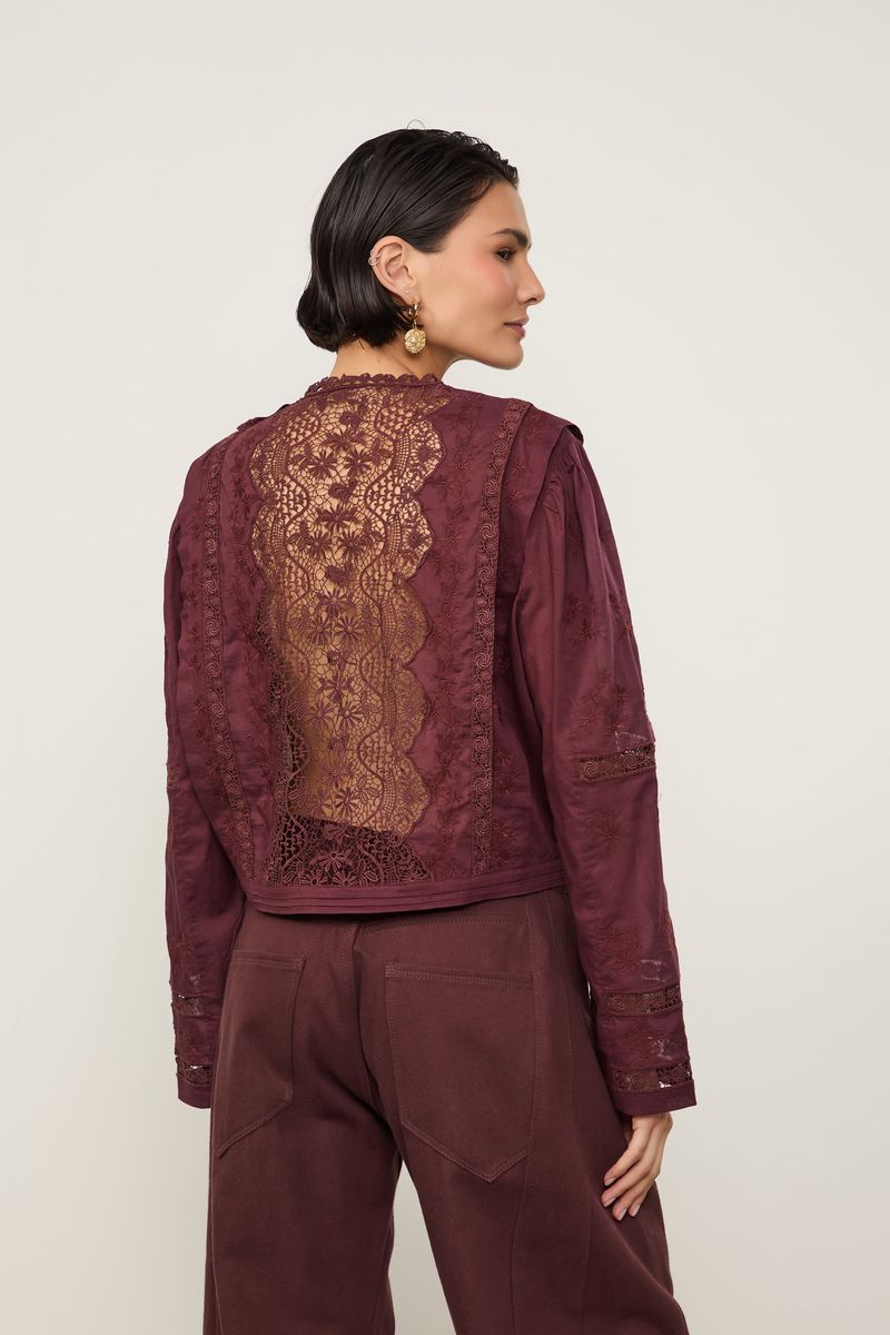 Blusa Manga Longa De Voil De Algodão Bordado Com Renda