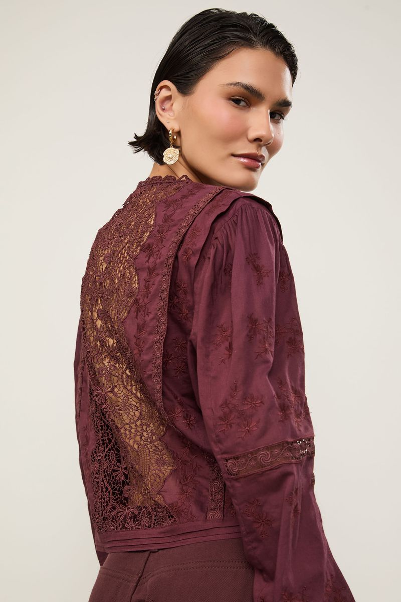Blusa Manga Longa De Voil De Algodão Bordado Com Renda