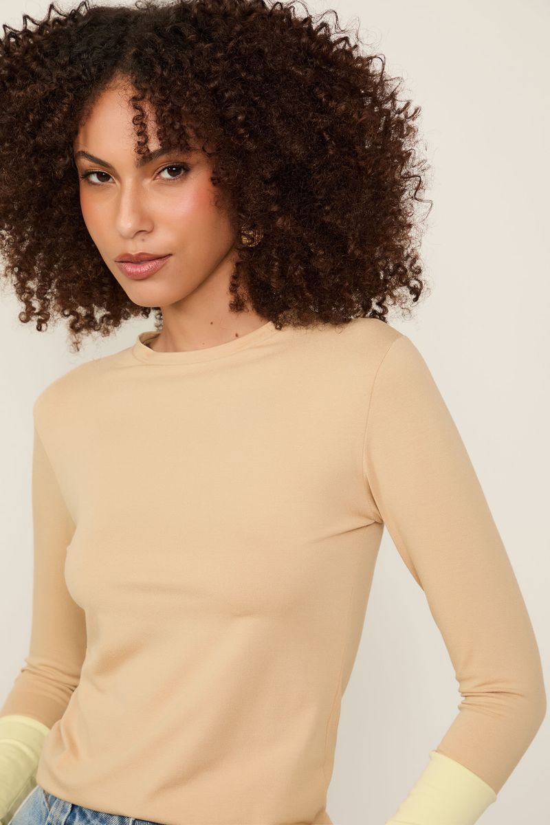 Blusa Manga Comprida Bicolor Bege