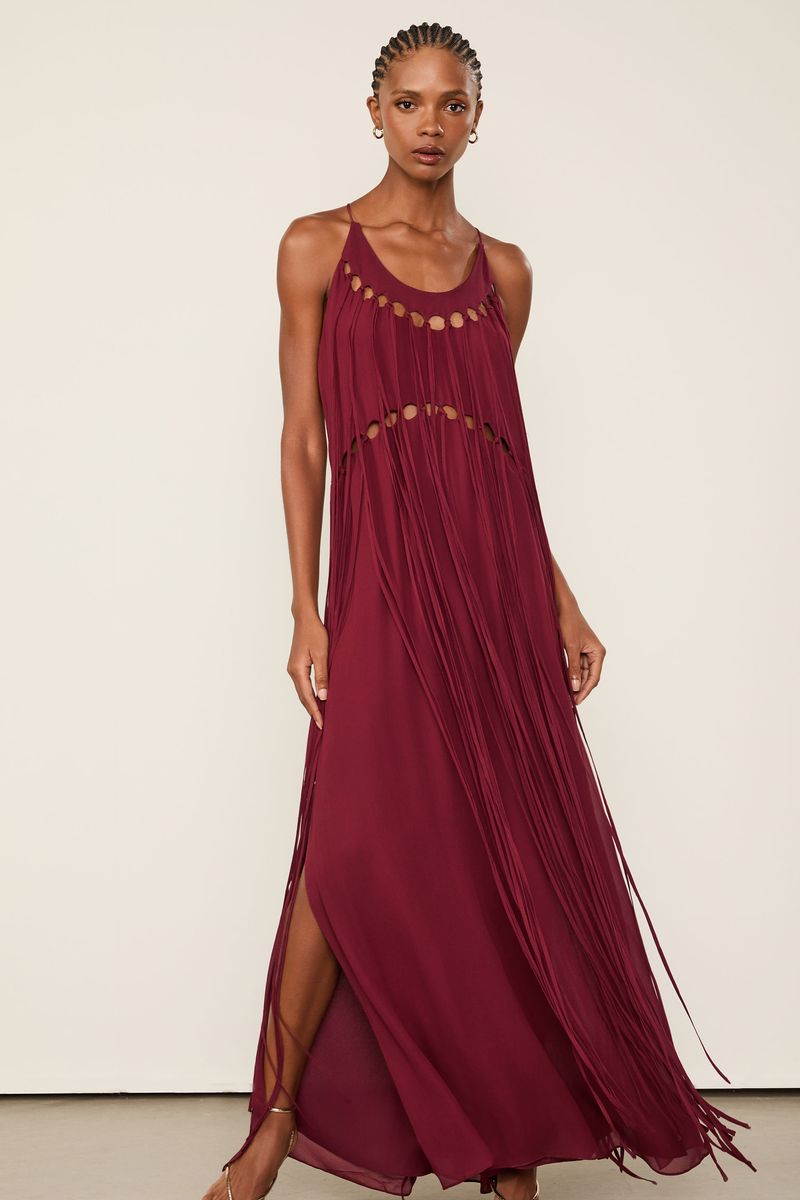 Vestido Alcinha De Georgette Longo Vermelho Wing Detalhes Em Rolotê