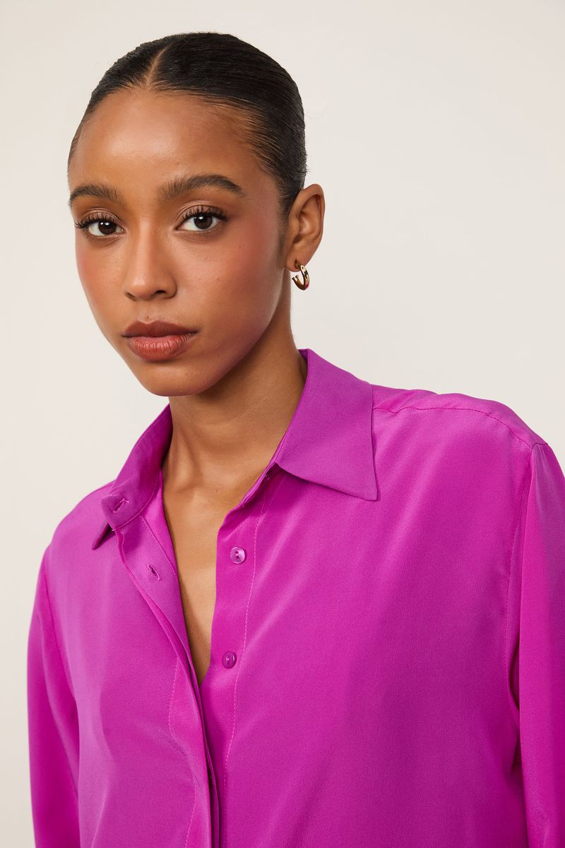 Camisa De Seda Ampla Rosa Tinta Manga Longa