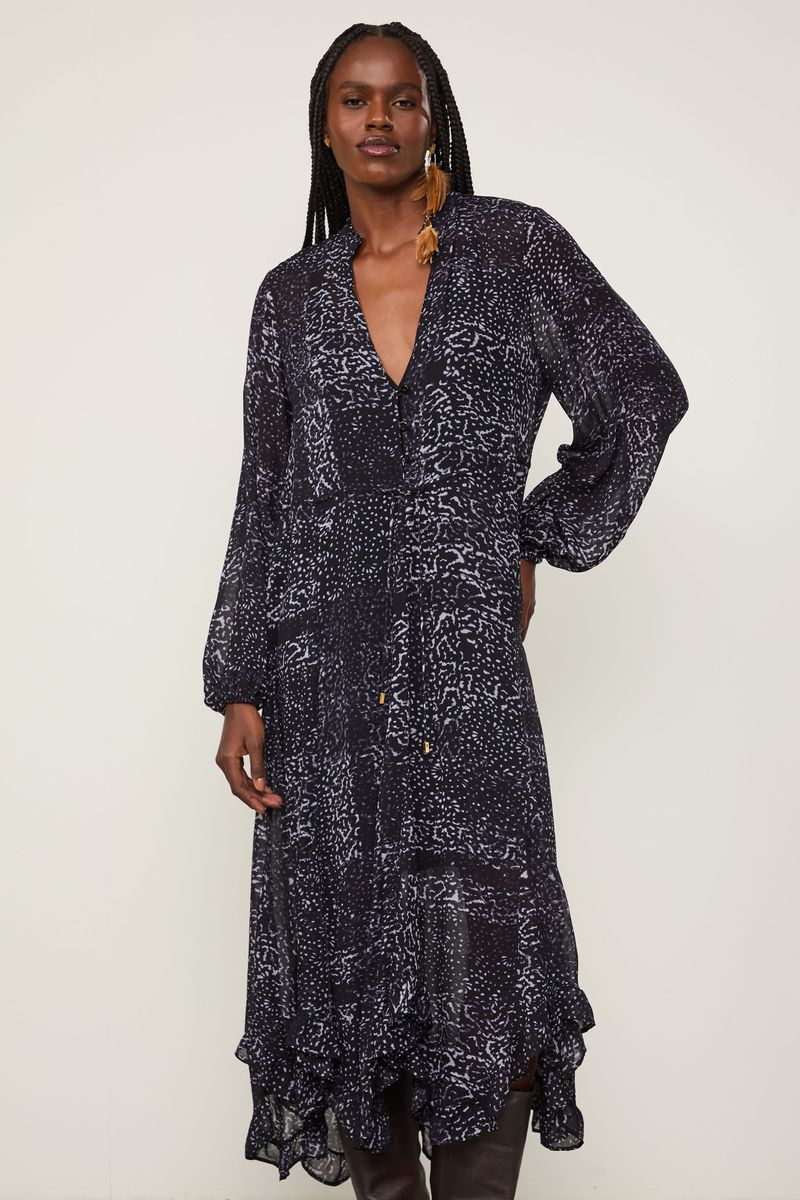 Vestido De Georgette Leve Midi Manga Longa Estampado Decote v