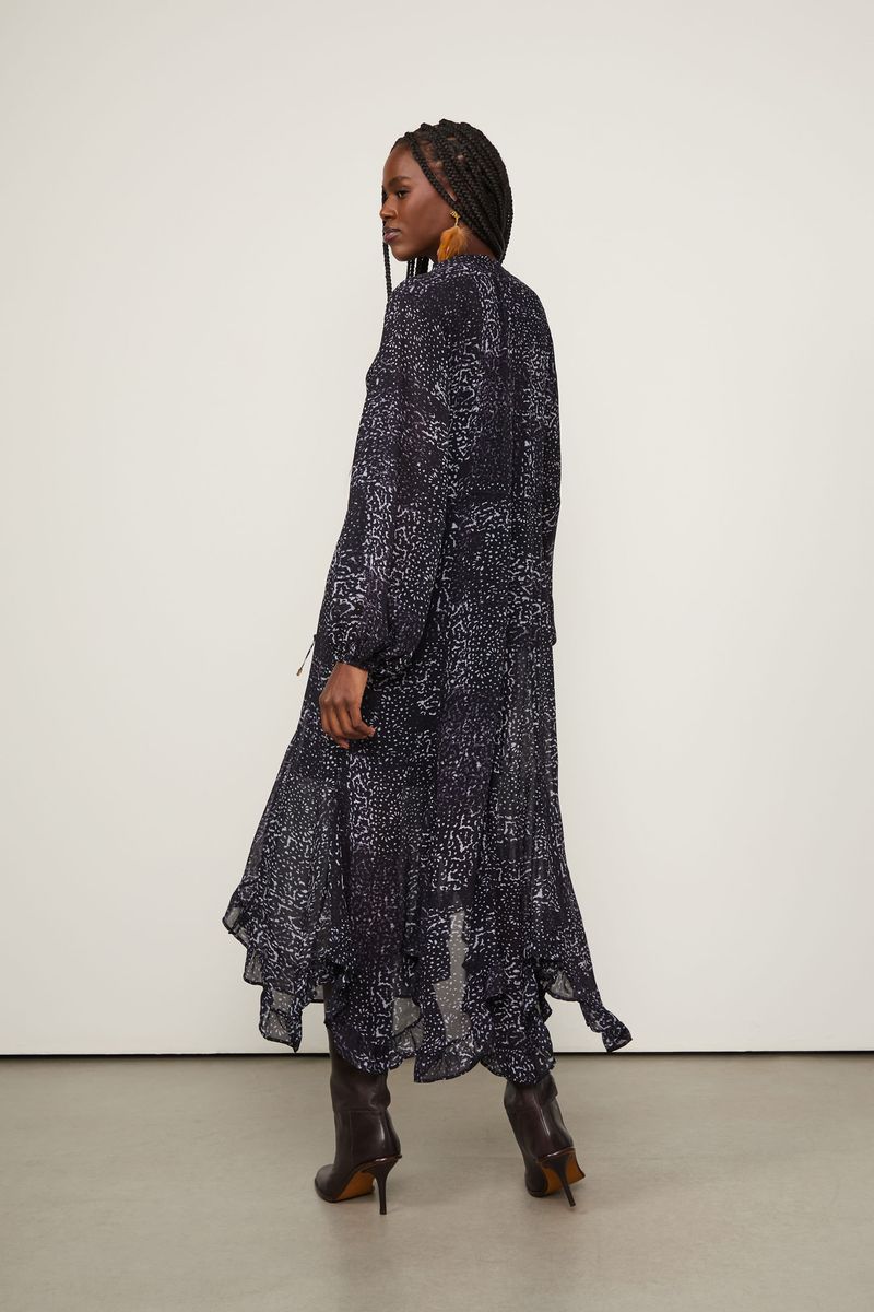 Vestido De Georgette Leve Midi Manga Longa Estampado Decote v