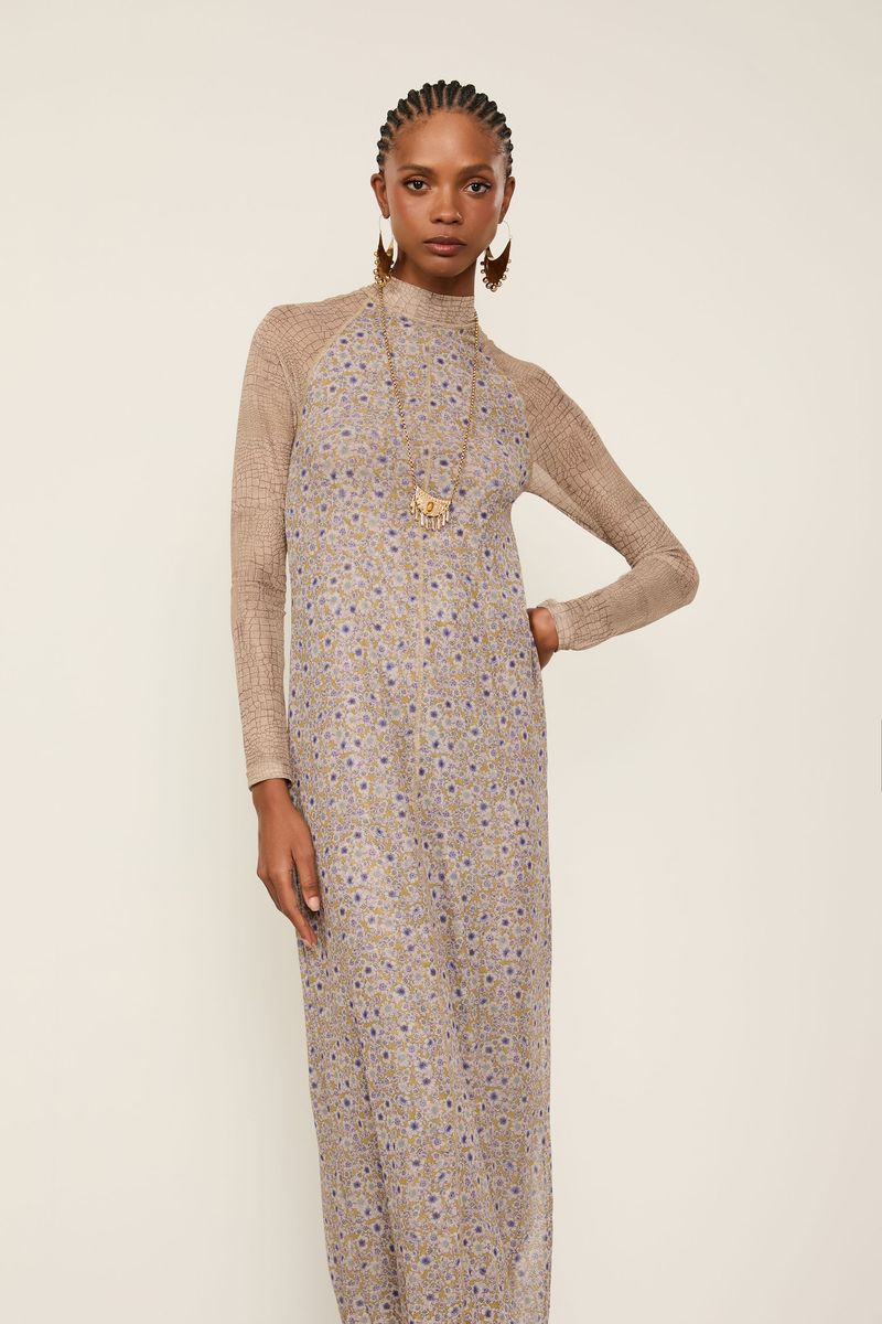 Vestido De Tule Duplo Gola Alta Com Manga Longa Liberty