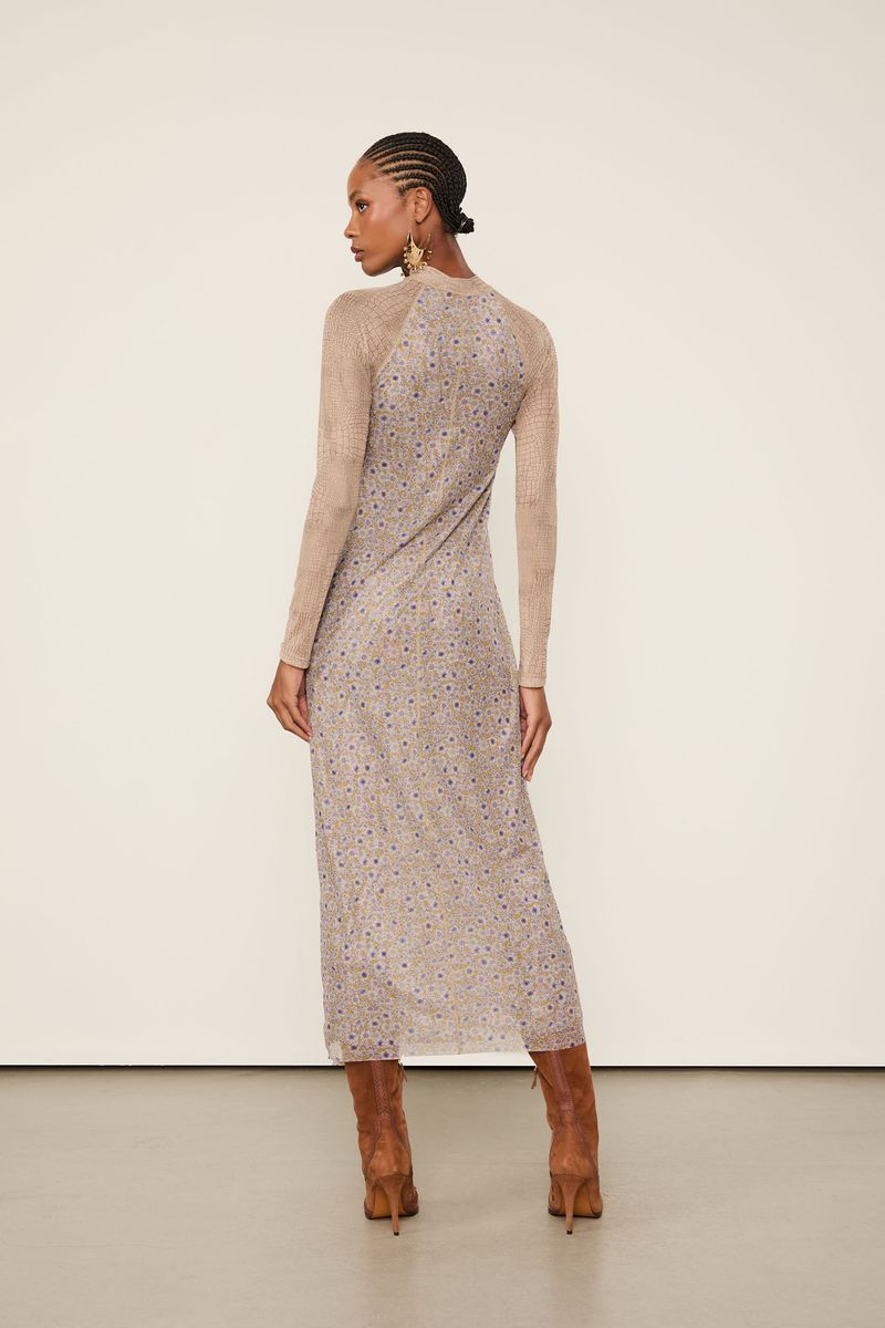 Vestido De Tule Duplo Gola Alta Com Manga Longa Liberty