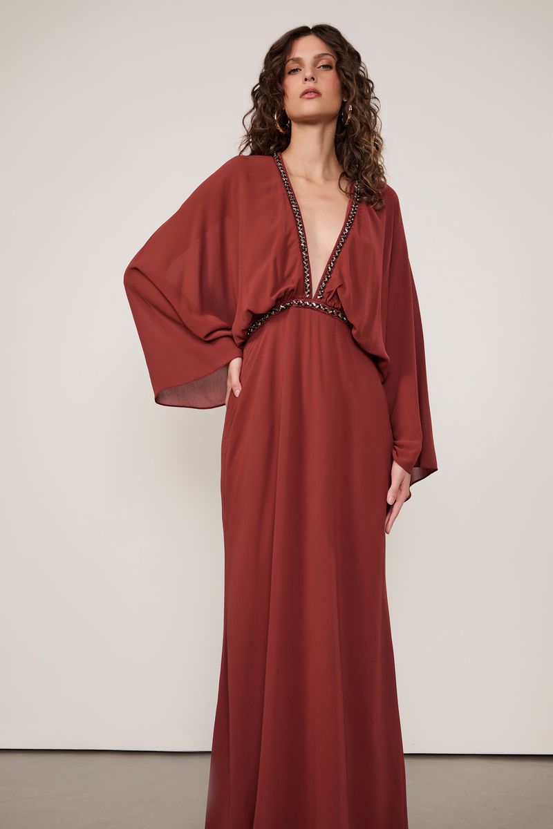 Vestido De Georgette Longo Decote Profundo Marrom Pimenta
