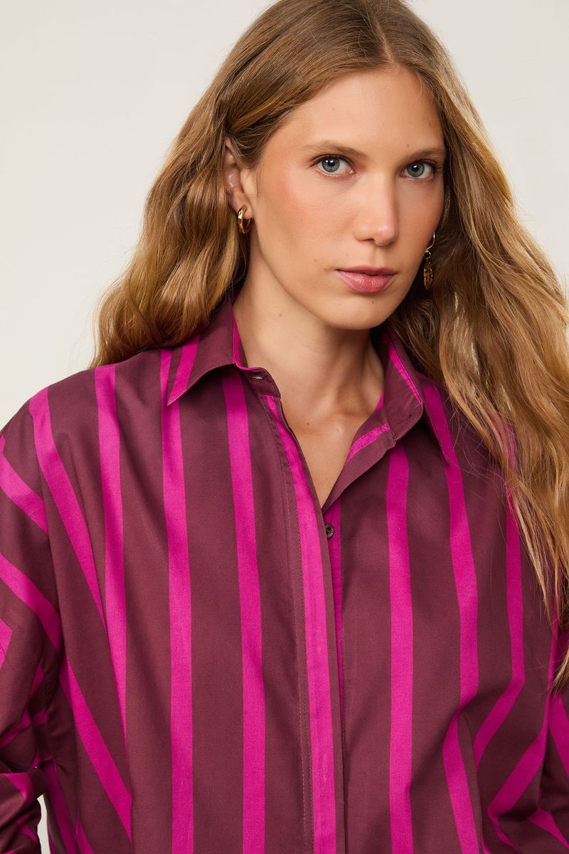 Camisa De Voil De Algodão Listrada Rosa