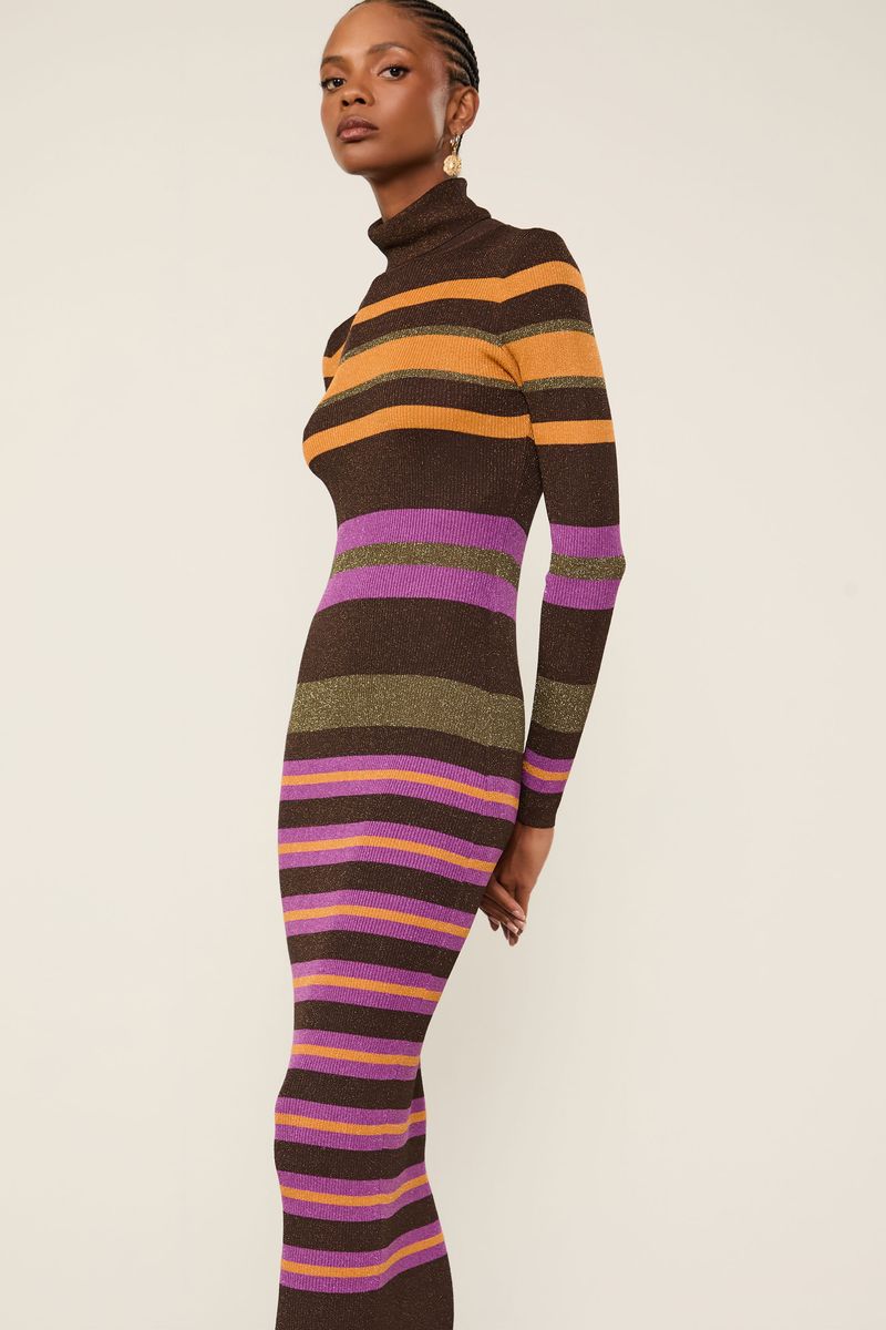 Vestido De Tricot Midi Colorido Listrado Com Lurex Gola Alta