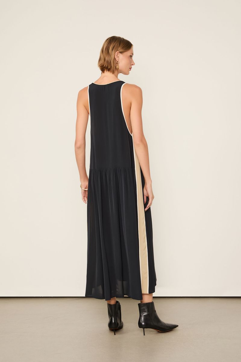 Vestido Midi Preto Com Detalhe Bege