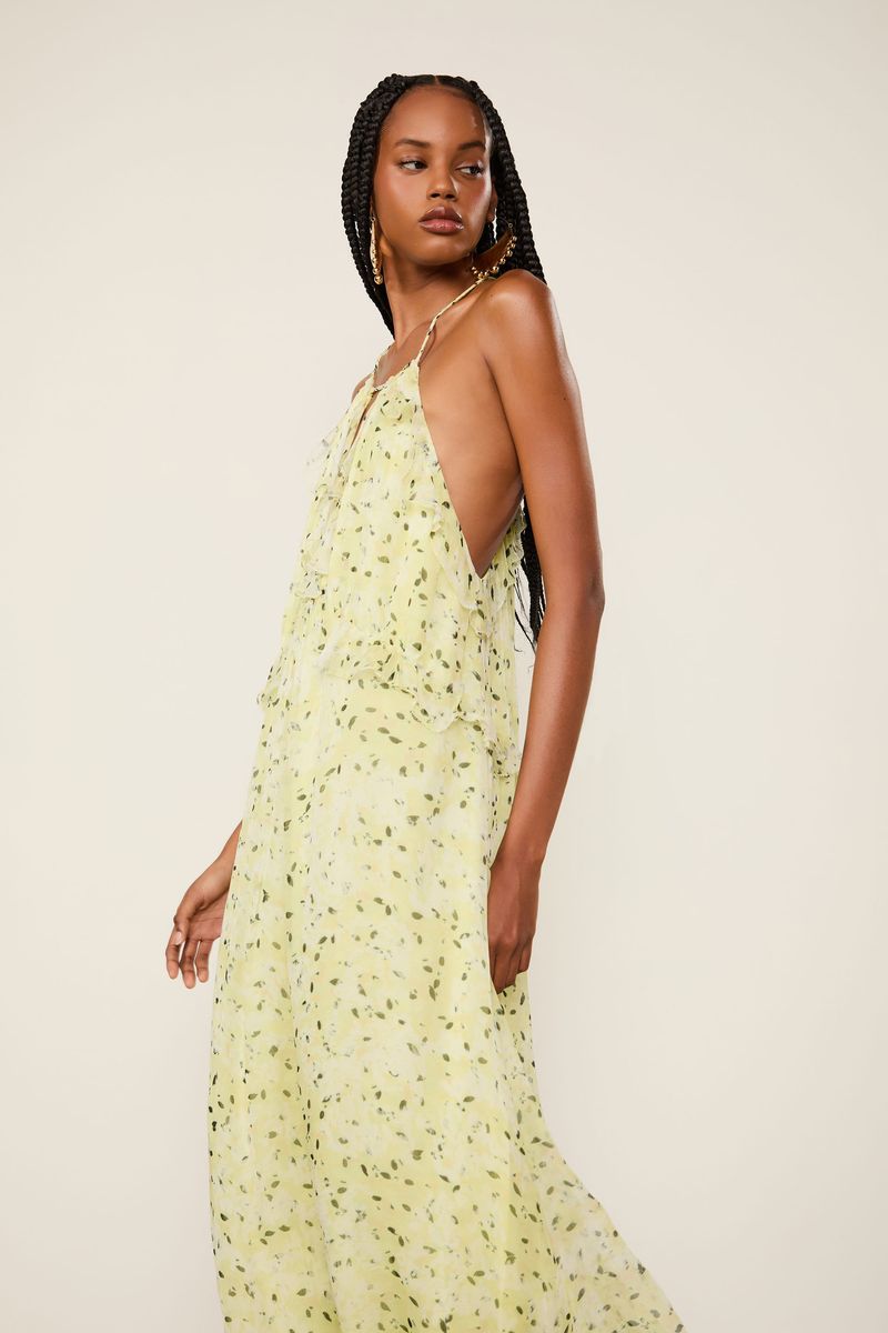 Vestido De Chiffon Longuete Estampado Babados