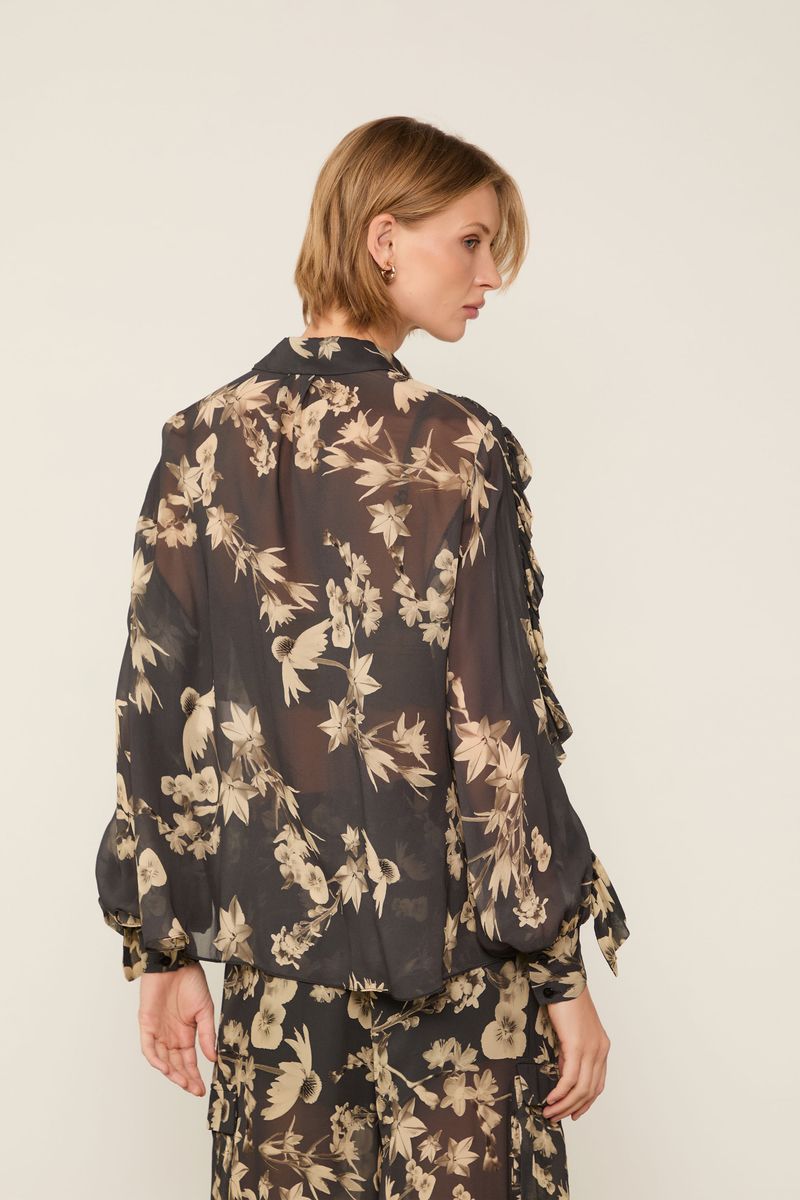 Camisa De Georgette Ampla Manga Babado Estampada