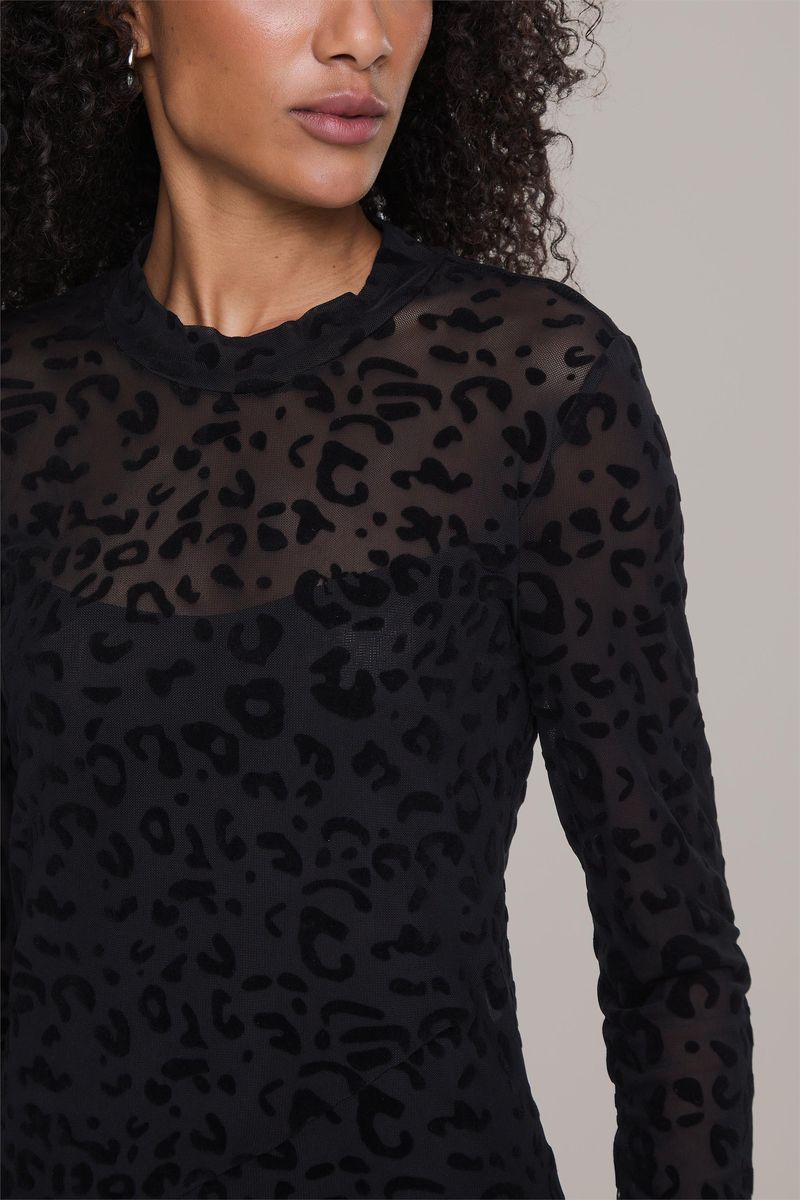Vestido Devorê Onça Preto Manga Longa