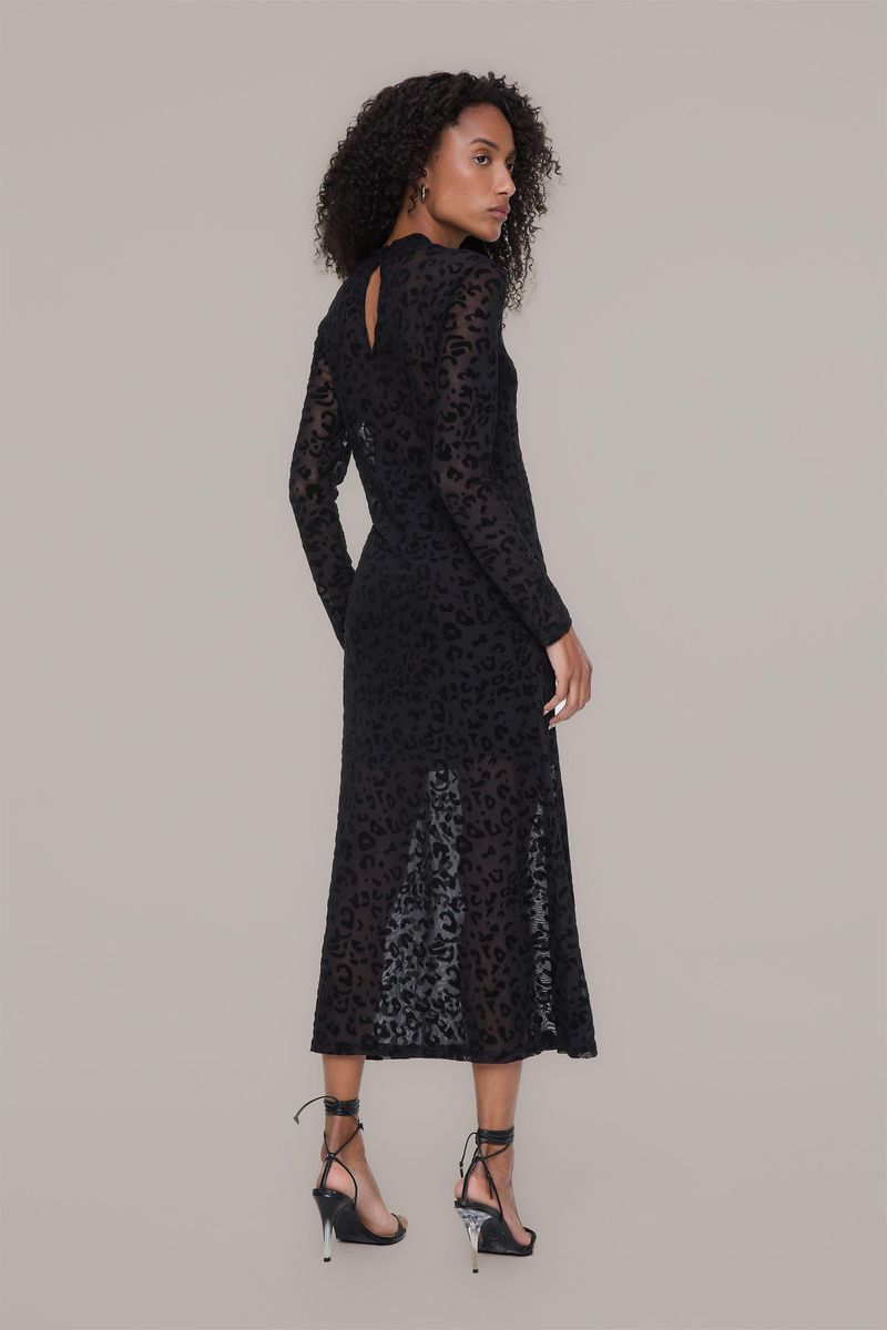 Vestido Devorê Onça Preto Manga Longa