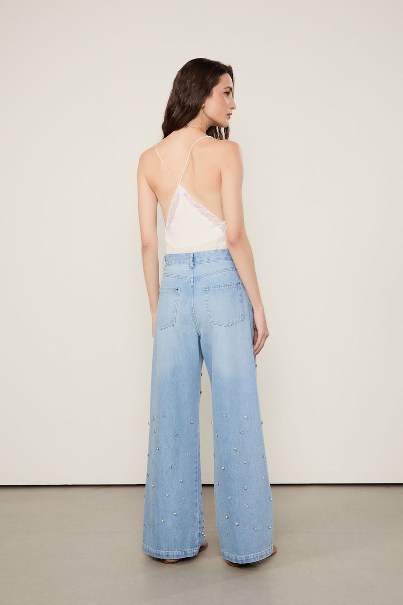 Calça Jeans 5 Pockets Cintura Baixa Bordada