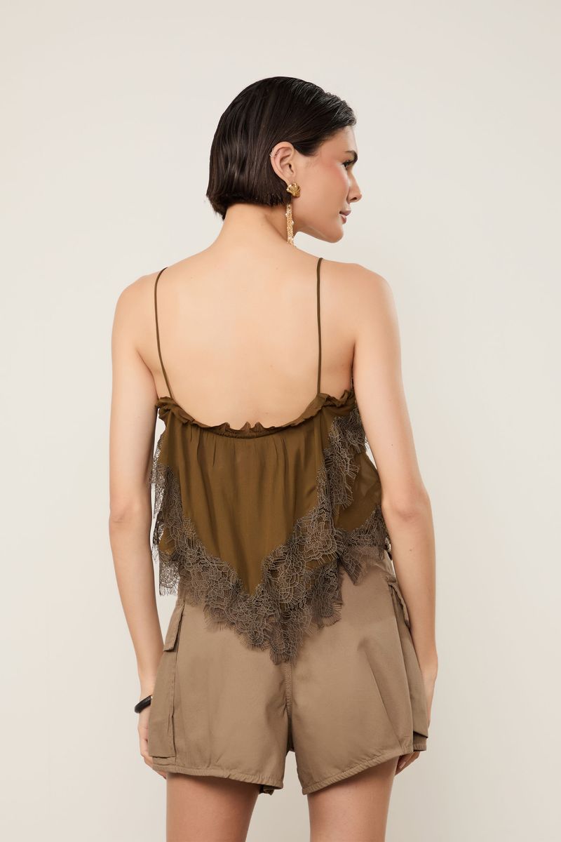 Top De Georgette Leve Marrom Renda Aplicada