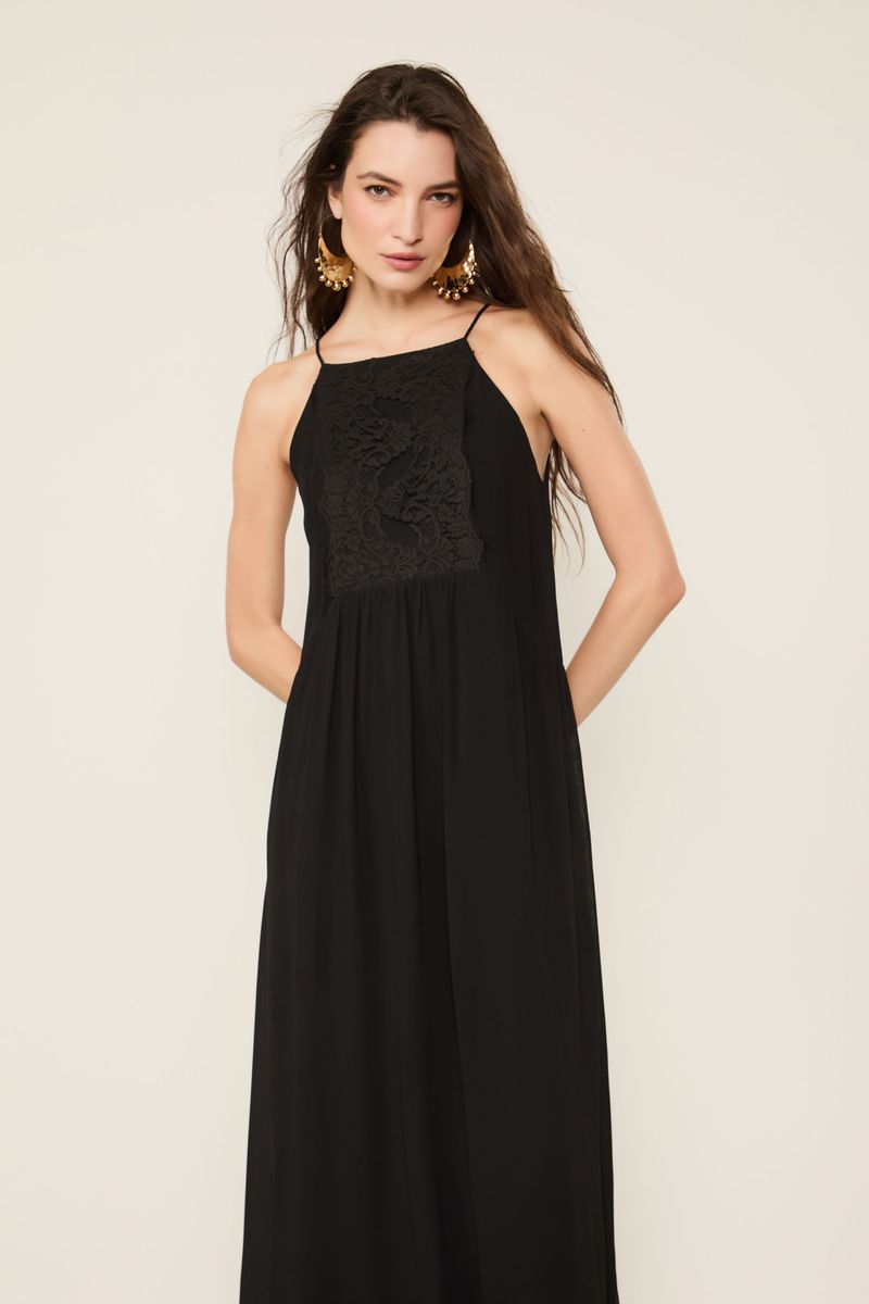 Vestido Midi Com Detalhe De Renda Preto