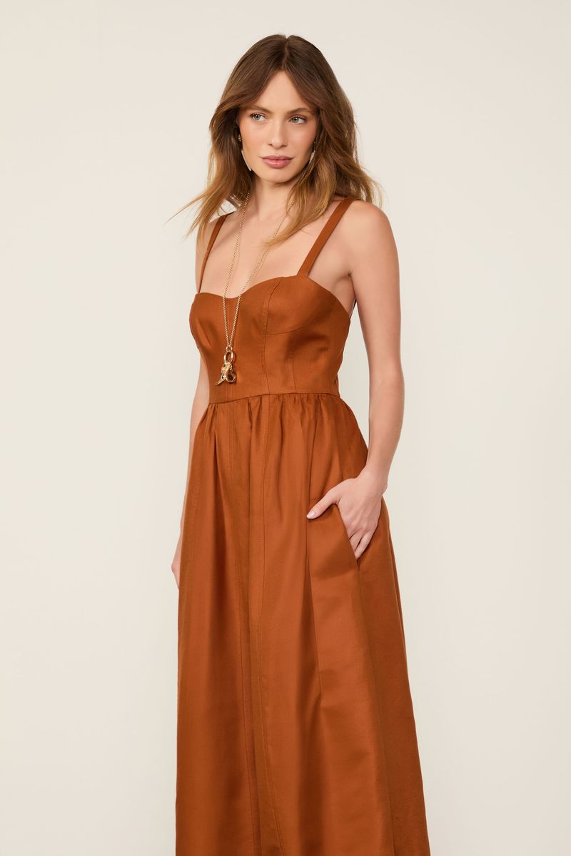 Vestido Com Linho Marrom Caramelo