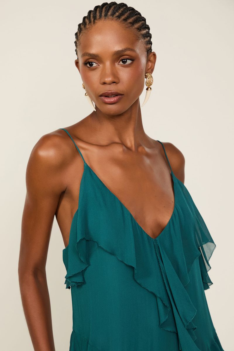 Vestido Alcinha De Georgette Longo Azul Atlântico Com Babados