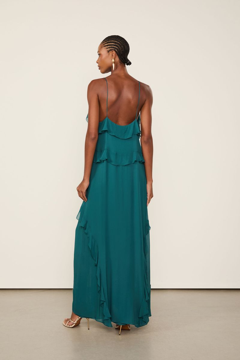 Vestido Alcinha De Georgette Longo Azul Atlântico Com Babados