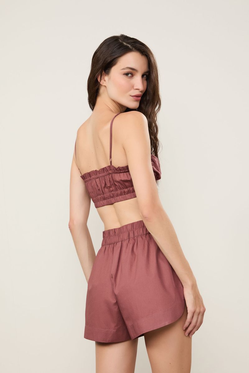 Short De Algodão Cós Elástico Marrom Rose