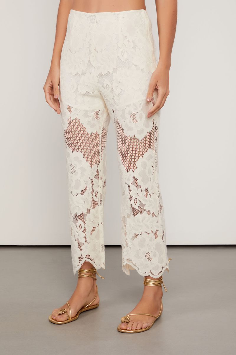 Calça De Renda Reda Bege Cintura Alta