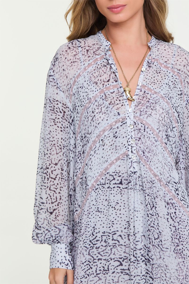 Vestido De Georgette Leve Curto Manga Longa Estampado