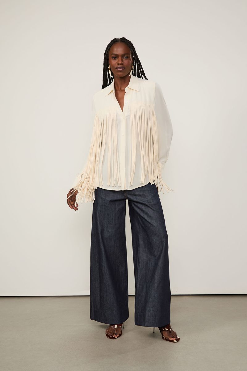 Camisa De Georgette Off White Com Franjas