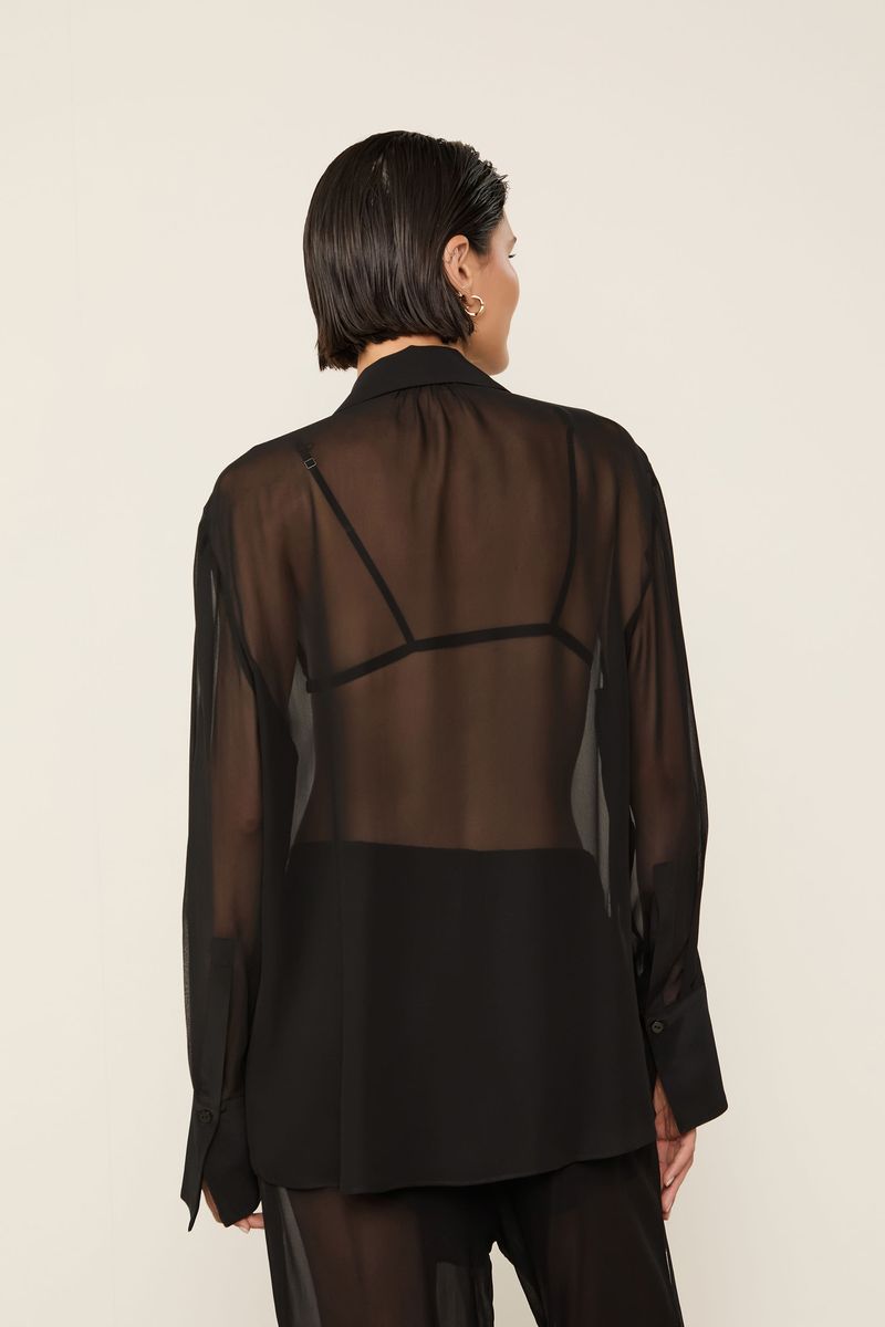 Camisa De Georgette Preta Manga Longa Com Strass
