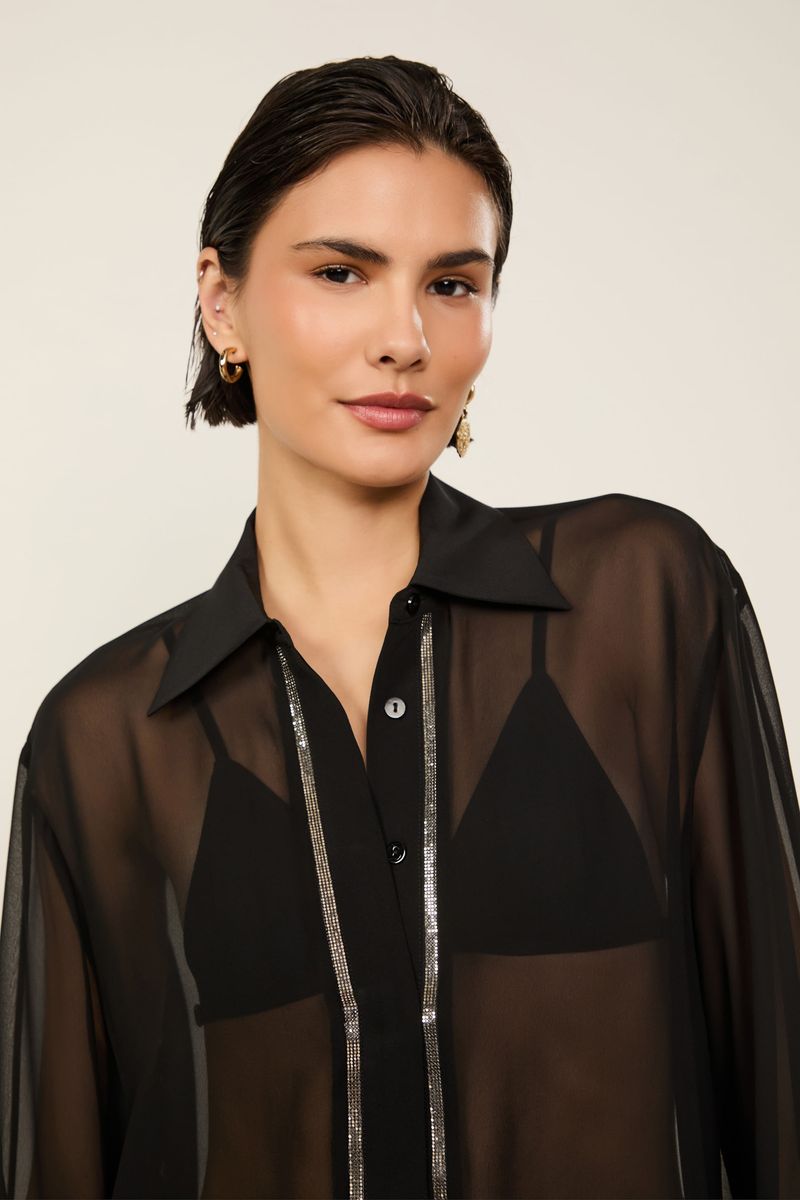 Camisa De Georgette Preta Manga Longa Com Strass