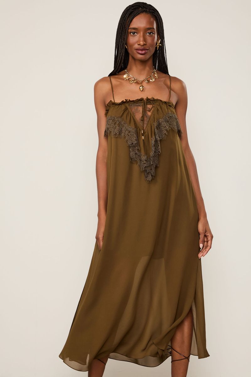 Vestido De Georgette Leve Midi Marrom Renda Aplicada