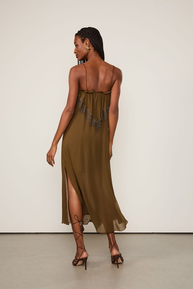 Vestido De Georgette Leve Midi Marrom Renda Aplicada