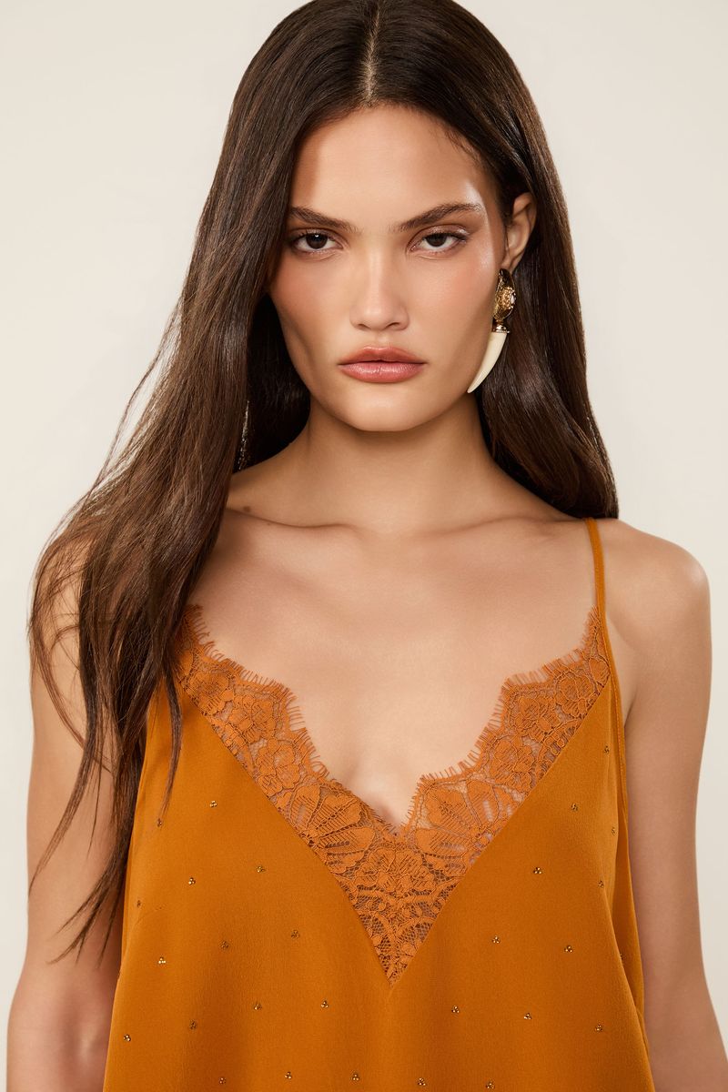 Top De Seda Laranja Veludo Com Strass e Renda