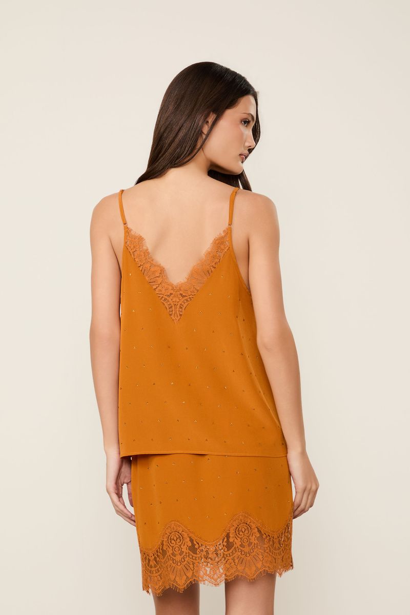 Top De Seda Laranja Veludo Com Strass e Renda